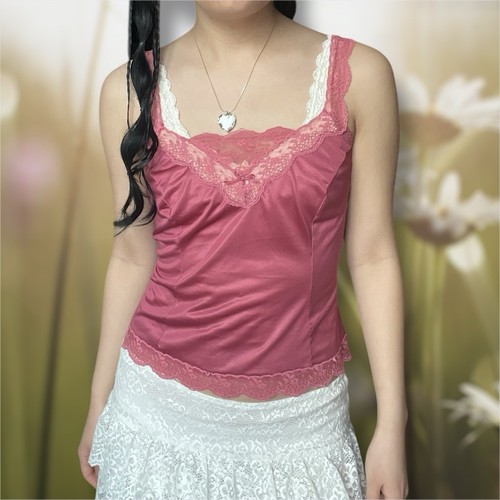 🥀🩰 Vintage 90s Warners rose pink lace satin cami Size Medium - Picture 2 of 10