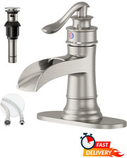 Brushed Nickel Waterfall Bathroom Sink Faucet Single Handle w/ Drain Hoses