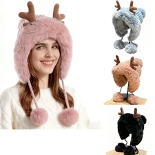 Women Winter Knit Hat with Antlers Plush Thick Beanie Ear Cover Deer Horn Cap