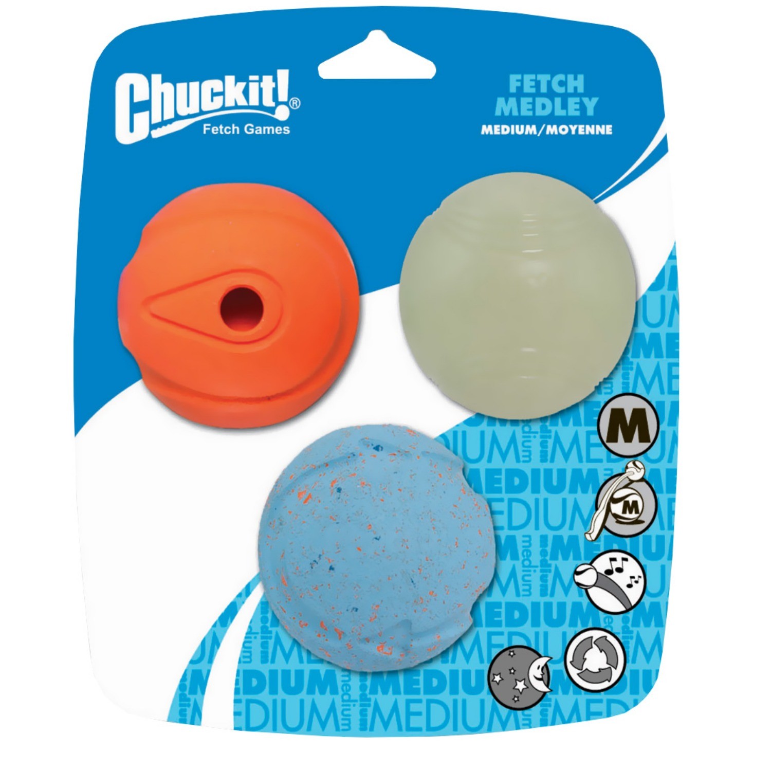 Chuckit! Dog Fetch Toy MEDLEY 3-pack Whistler Max Glow Rebou