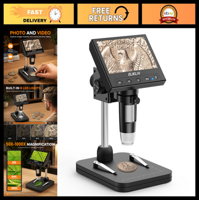 Digital Coin Microscope 1000x Magnification, 4.3'' LCD, 8 LED Lights, PC Compatib