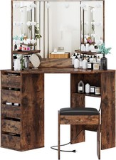 Corner Makeup Vanity Desk Stool Tri-Fold LED Mirror with Drawer Charging Station