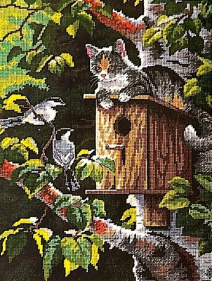 Dimensions HOUSE SITTING Needlepoint Kit  **VINTAGE / RARE**  Cat on bird house