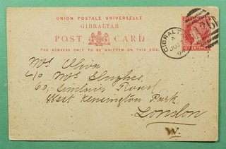 DR WHO 1894 GIBRALTAR POSTAL CARD FANCY A26 CANCEL TO ENGLAND M89209