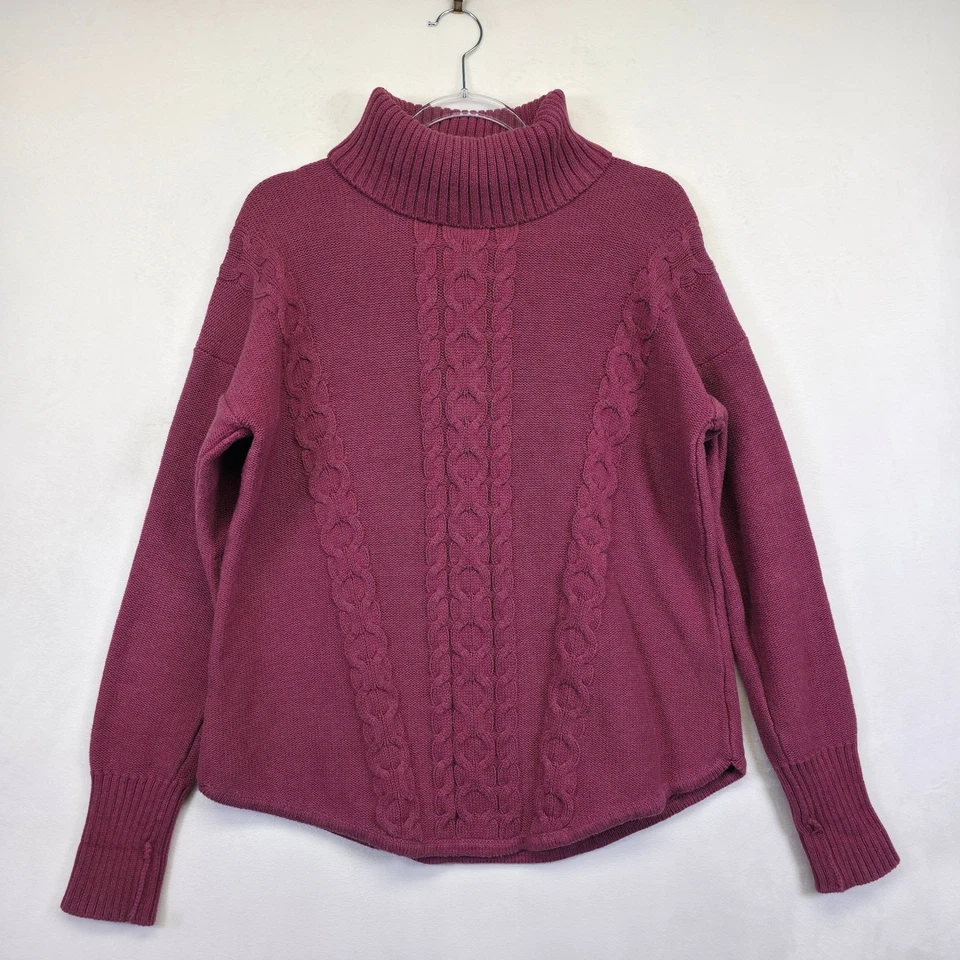 LL Bean Sweater Womens XL Purple Turtleneck 3D Cable Knit Fisherman Classic VTG - Image 2 of 4