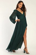 Lulus Enchant My Love V-Neck Long Sleeve Maxi Dress Emerald Green L