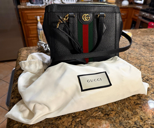Gucci Black Small Pebbled Satchel Top Handle Zip Web Stripe w/ Strap Dust Bag