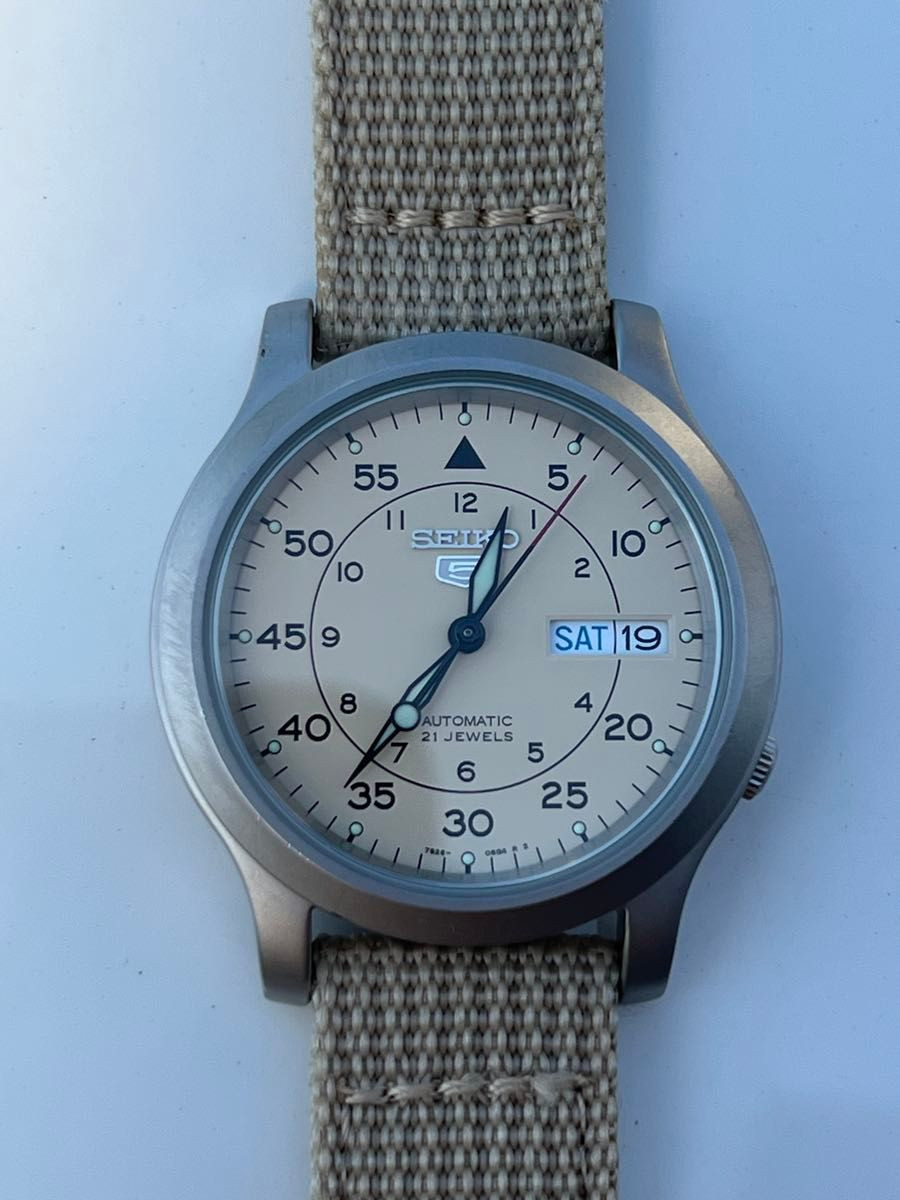 SEIKO 5 SNK803K2 Beige Automatic Watch Military Nylon Band Wristwatch Used Japan