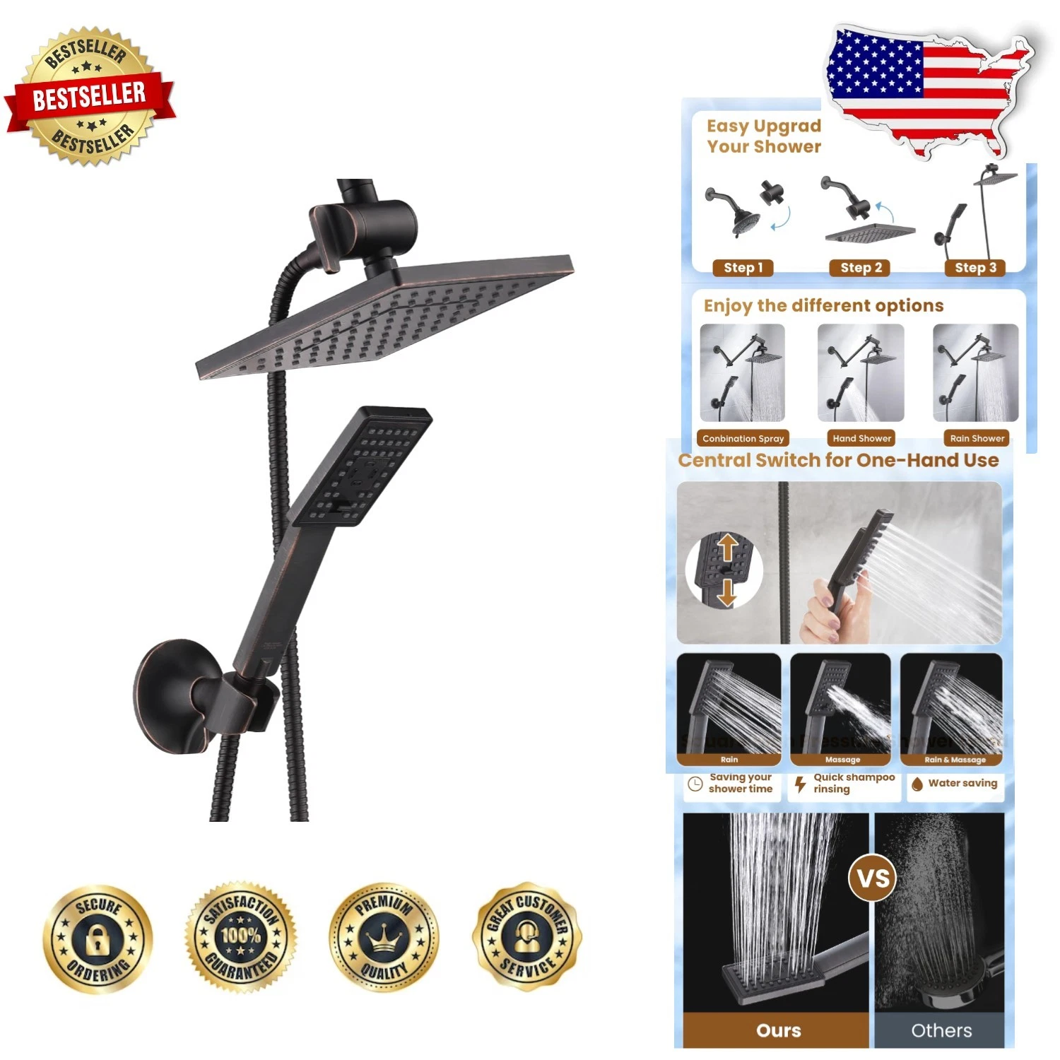 Luxury 8" Rain Shower Head Combo with Handheld - Oil Rubbed Bronze Dual Set