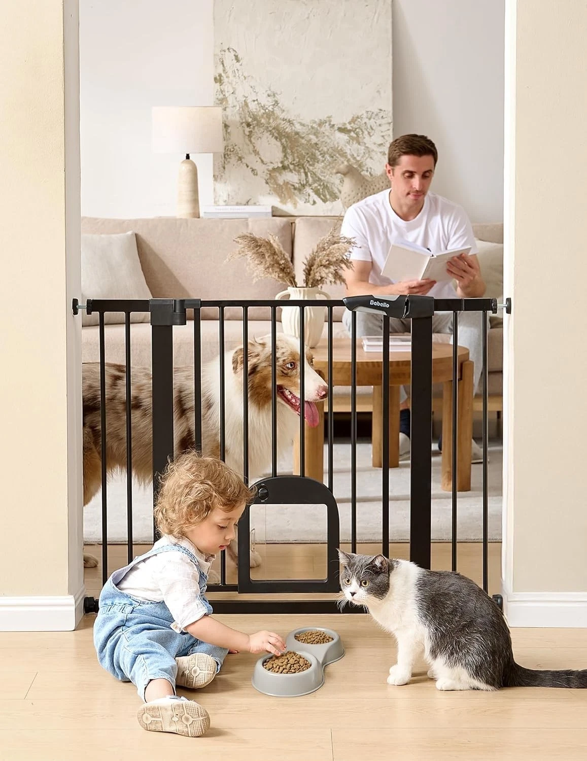 Upgraded Baby Gate W/ Cat Door 29-43" Auto Close Durable Dog Gate Stairs