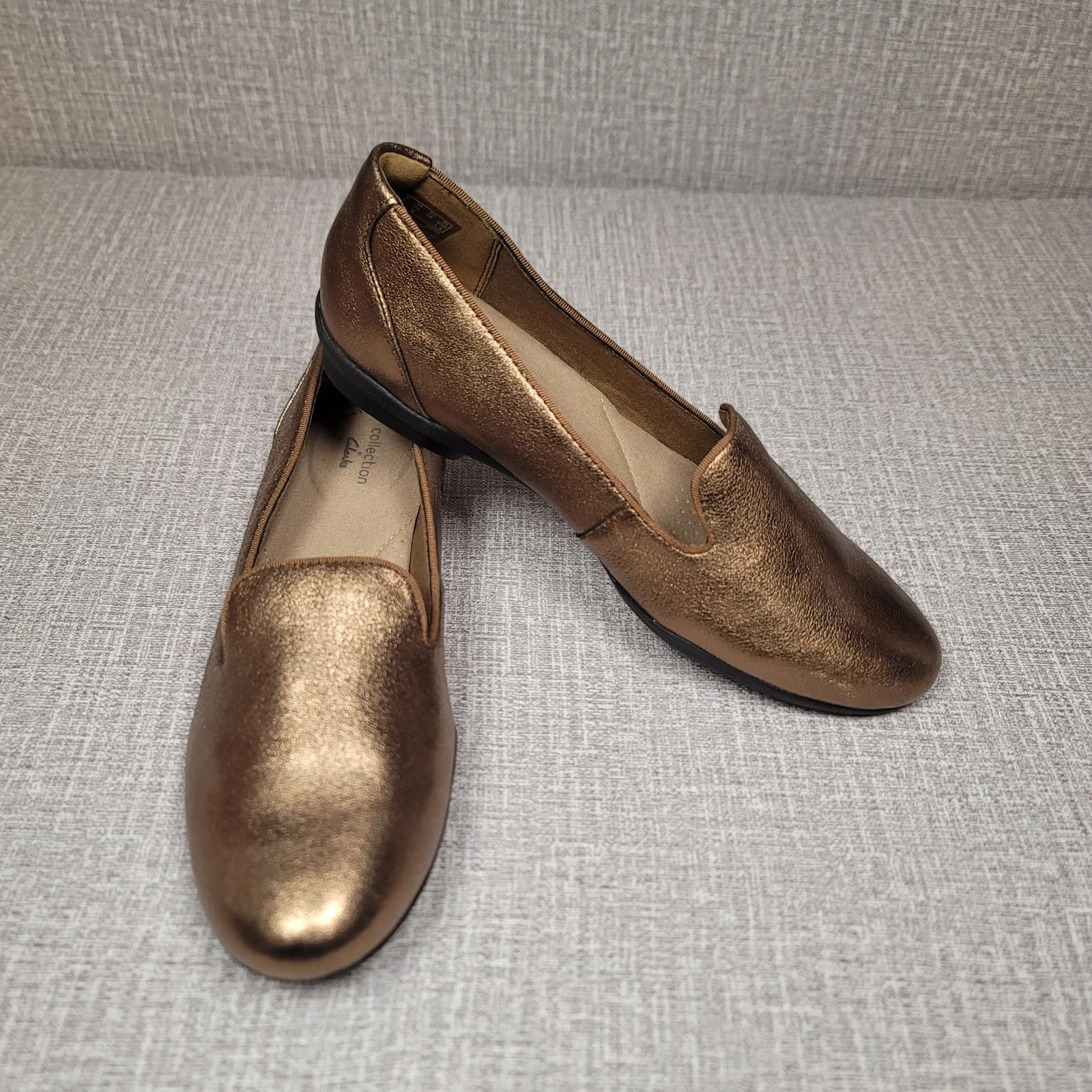 NUOVI CLARKS Sara Poppy Flats mocassini bronzo metallizzato scarpe donna pelle 7 5