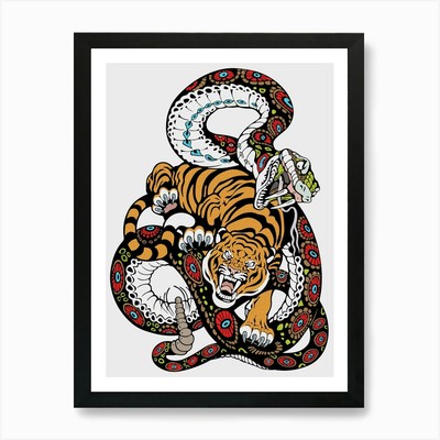 Epischer Kampftiger gegen Schlange Kunst Kunst gerahmtes Wandbild Poster Leinwanddruck Bild