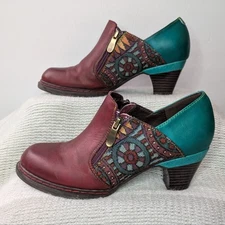 Socofy Leather Ankle Booties Maroon Turquoise 38 (US 7) Bohemian