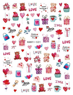 Heart Love Nail Stickers Love Bear Rose Keys Gift Valentine Day Nail Decals