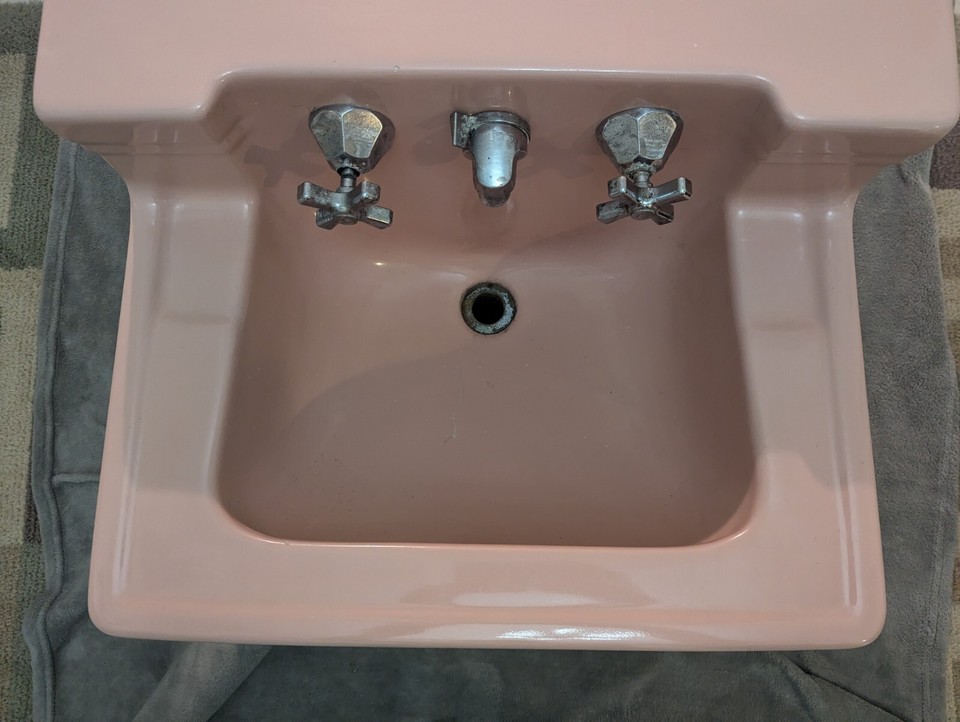 Vintage Standard Pink Wall Mounted Bathroom Sink With Chrome Legs