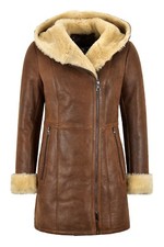 Ladies Sheepskin Jacket Copper Vintage Real Shearling Hooded B3 Long Jacket Nv39