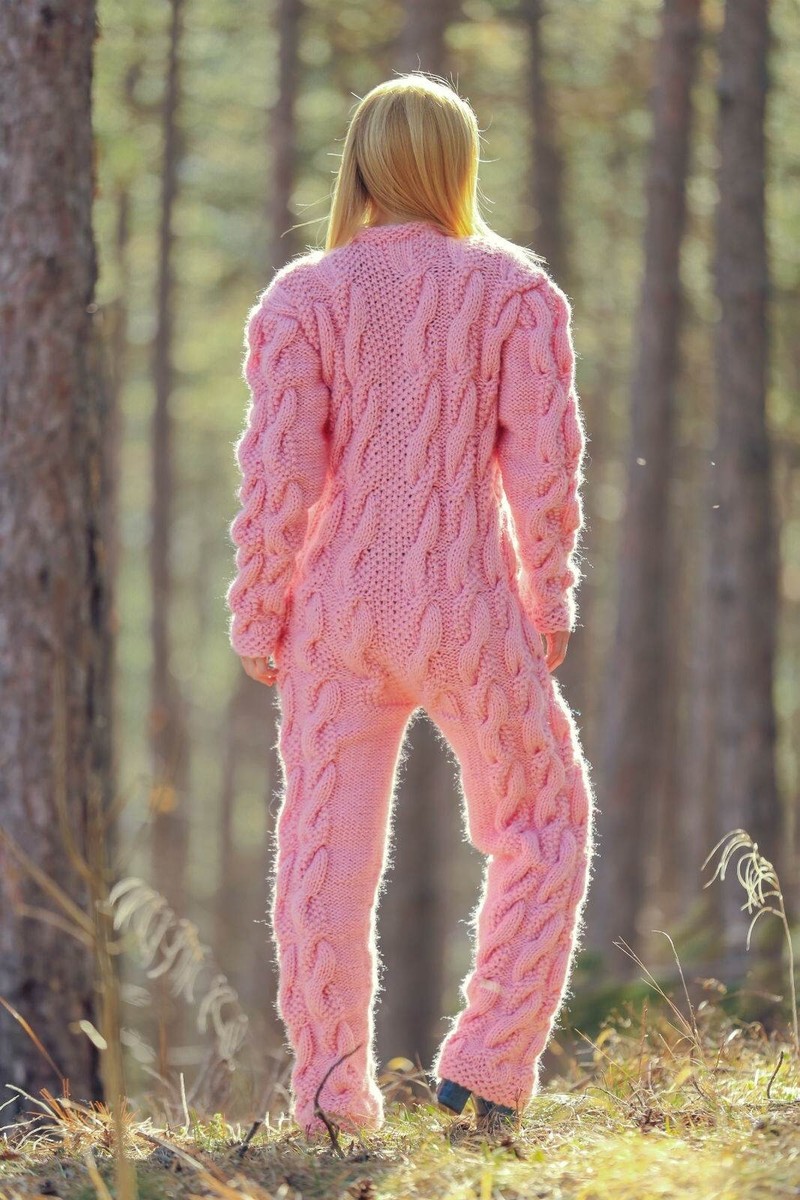 Pink cable knit catsuit mohair wool bodysuit handknit soft