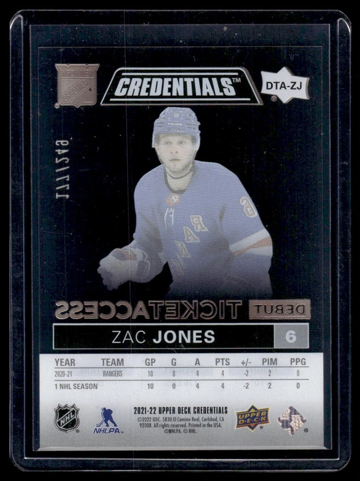 2021-22 Upper Deck Credentials Debut Ticket Access Zac Jones Rookie /249 #DTA-ZJ - Image 2 of 2