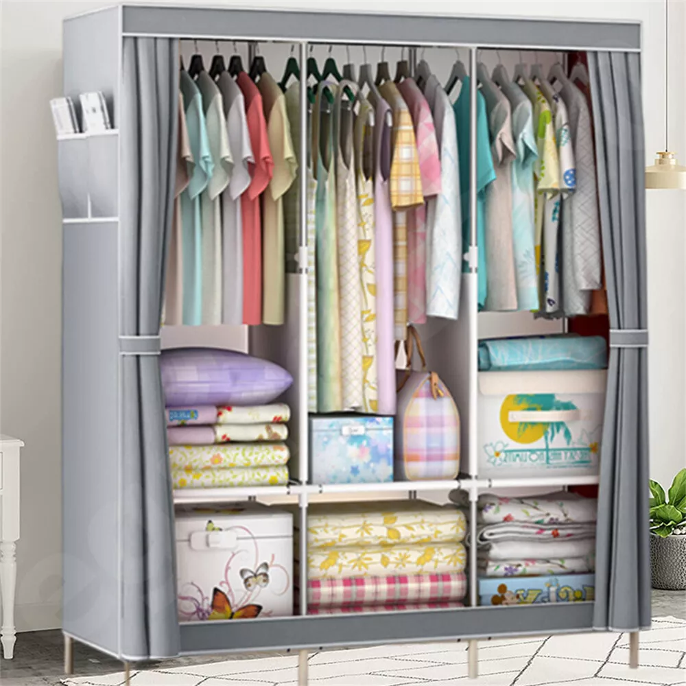 Large Triple Fabric Canvas Wardrobe Clothes Cupboard Hanging Rail Storage Closet