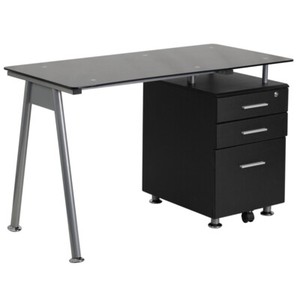 Computer Desk With Black Tempered Glass Top File Cabinet Pedestal In Black Ebay