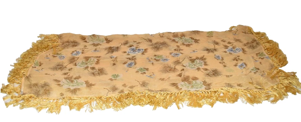 Mantón envolvente vintage beige transparente de gasa azul flores para mujer con flecos 40" x 40" Foto 2 de 4