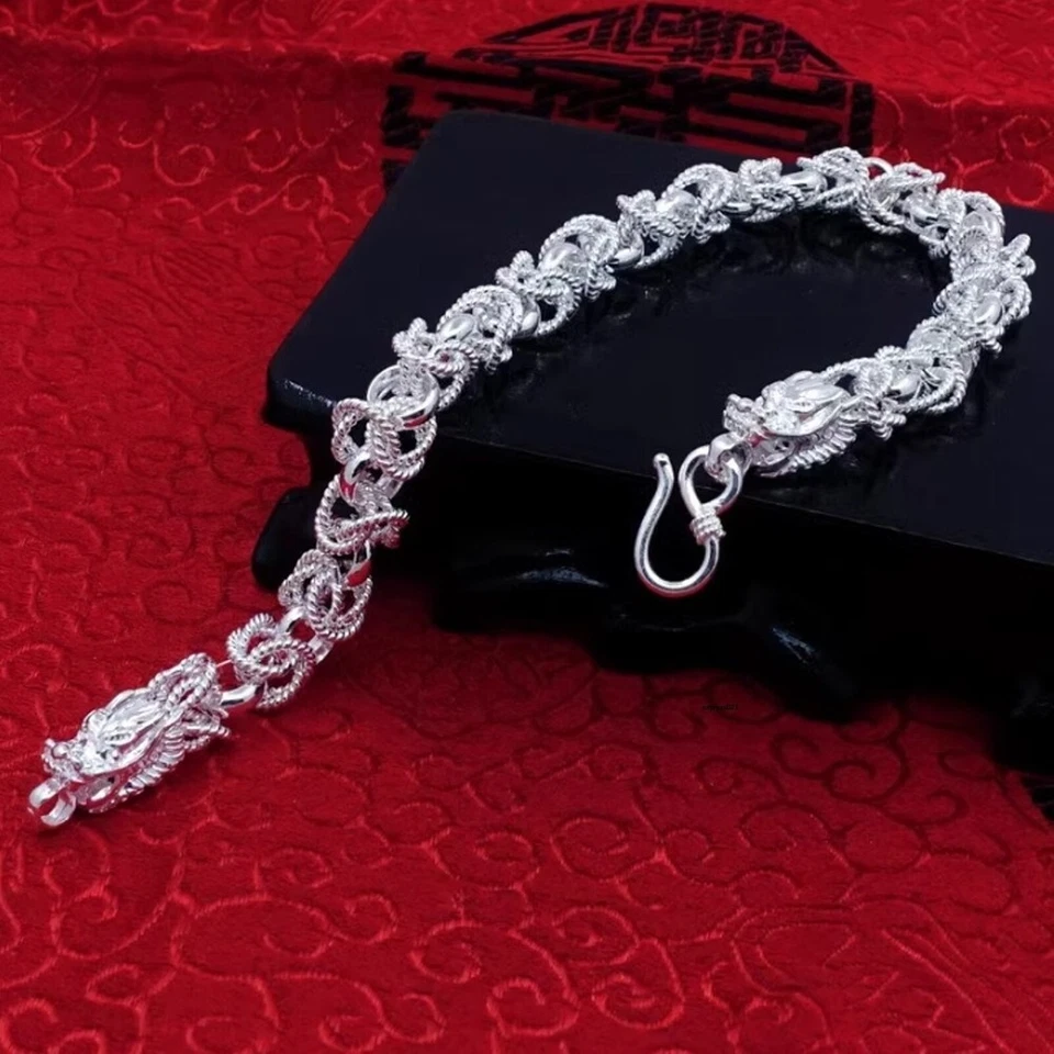 Pure 999 Fine Silver Men Women Dragon Head 7.5mm Byzantine Bracelet 30-31g/9inch - Image 2 of 4