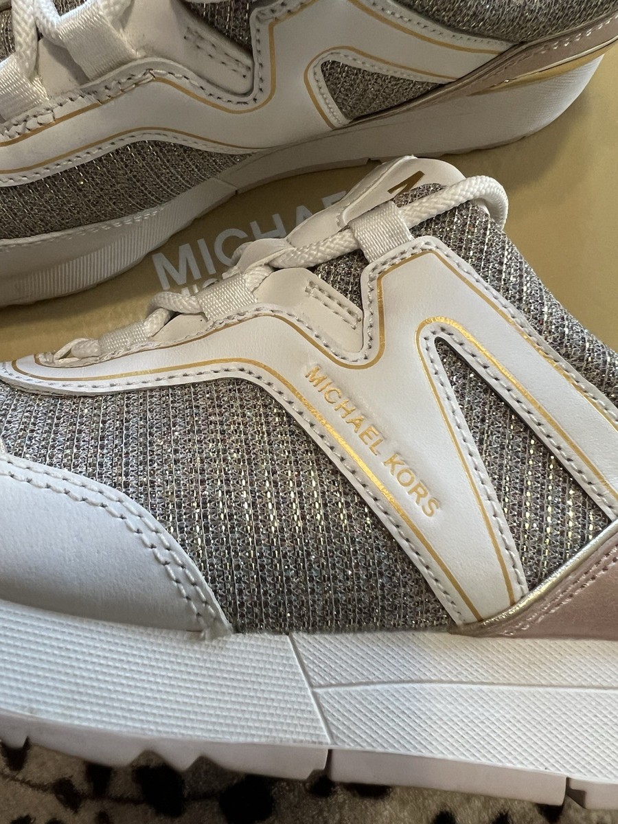 Michael Kors Glitter Mesh Sneakers Silver White Gold Metallic Logo