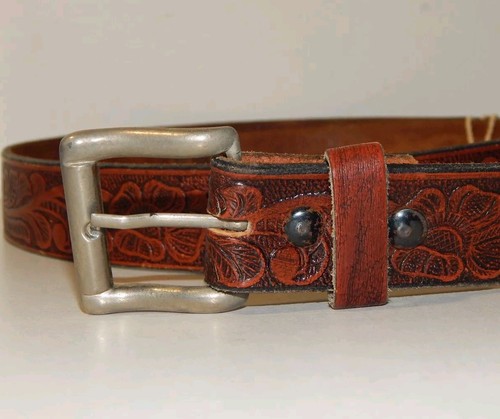 Vintage 90’s sz L Genuine Leather Hand Tooled Belt floral design 96cm Long - Picture 1 of 4