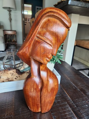 Vintage MCM Teak Wood Woman Bust Head Lady Figure 15 In Tall