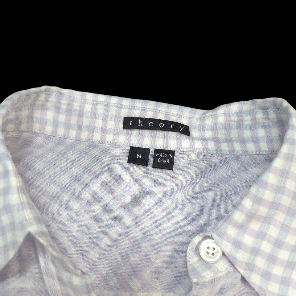 Theory 纽扣衬衫女式 M 码格子白色紫色纱棉丝绸混纺 — 第 3/4 张图片