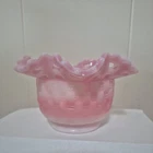 Fenton Basket Weave Pink Slag Glass with Scalloped Open Lace Edge