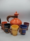 Vintage MCM Orange Bauer Pottery Coffee Carafe Set / 5 Cups Wood Handles *as Is*