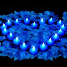 2000 Pieces Blue Artificial Rose Petals with 24 Blue Heart LED Tea Lights, Rose