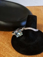 4CT BLUE CUSHION CUT CZ SILVER SOLITAIRE WITH DIAMONIQUE SS CURVED BAND SZ 7