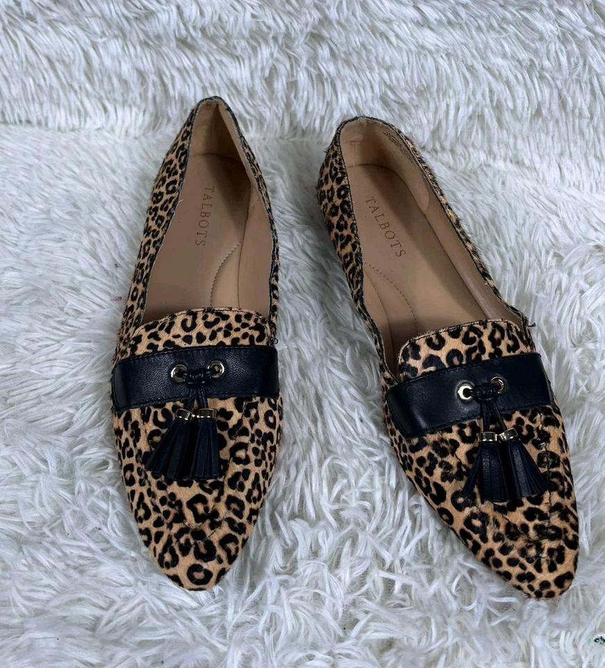 Mocasines Talbots Driver Talla 8M Tostado Estampado Leopardo Pelo de becerro Cuero Borla Negra Foto 4 de 4