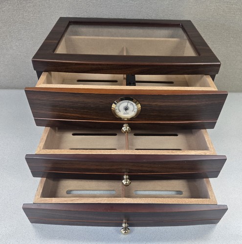 Cigar Humidor Mahogany 3 Drawer Box w Glass Top Hygrometer Handles 75 Ct