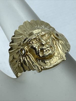 HANDGEFERTIGTER massiver 14K Gelbgold Diamantschliff INDIANER HÄUPTLING Ring 4,5 g