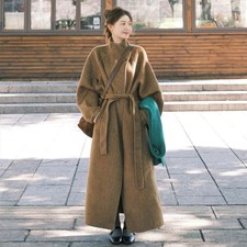 Retro Womens Strap Wool Coat Winter New Stand Up Collar Loose Long Cashmere Coat