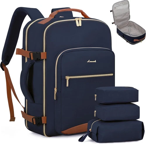 LOVEVOOK Carry on Backpck for Men, 40L Travel Large-40L-4Pcs, Dark Blue-brown 