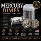 $5 FACE 90% SILVER MERCURY DIMES – 1  FULL ROLL (50 Coins) –Mixed Dates  $5FV
