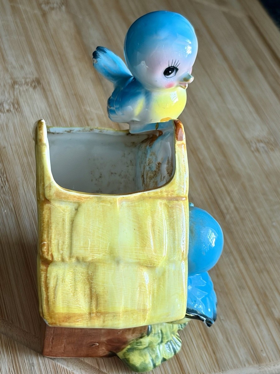 Vintage Norcrest Blue Birds Perched On Birdhouse Planter Japan