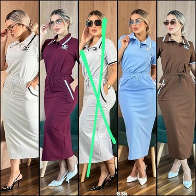 CHANEL Solid Collared Short Sleeve Shirt Maxi Dress Drawstring Waist Pockets