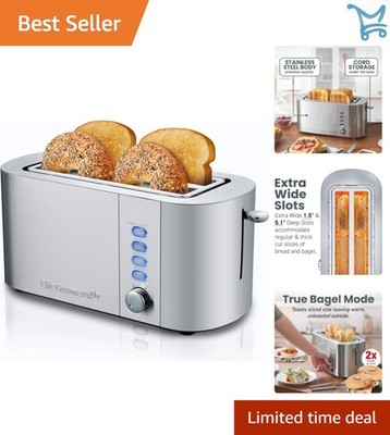 Long Slot Stainless Steel Toaster 4 Slice Wide Slots Bagel Waffle Toast