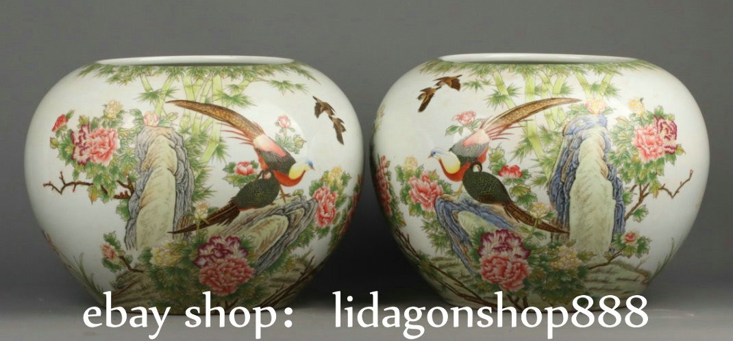 13.6" Yongzheng Enamel Colour Porcelain Flower Bird Writing-Brush Washer Pair