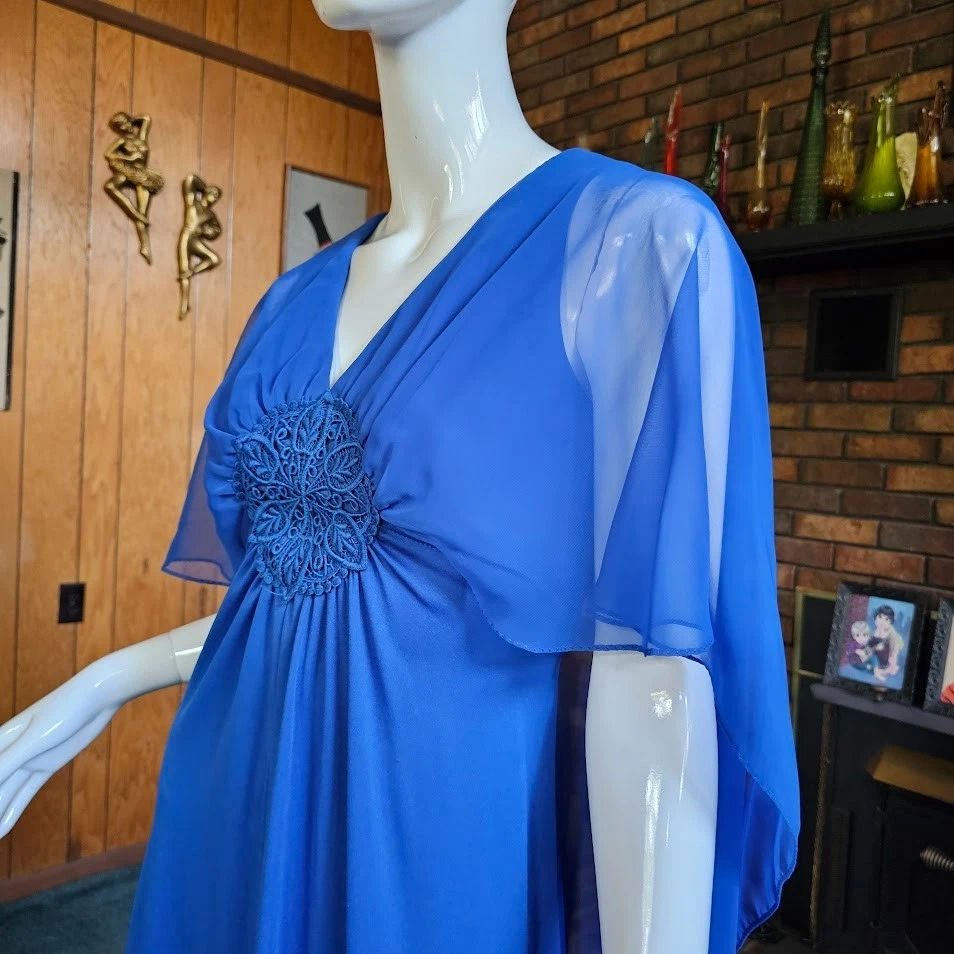 Maxi Vestido Vintage Años 70 Disco Endora Chifón Transparente Chal Capa Hechizado S/M Foto 4 de 4