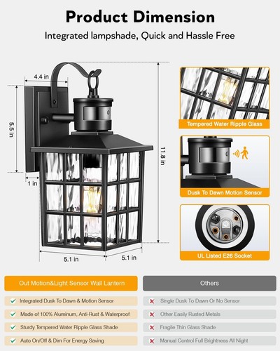 VIANIS Outdoor Wall Lantern With Motion Sensor, Dusk To Dawn Exterior Light F... - Picture 8 of 9