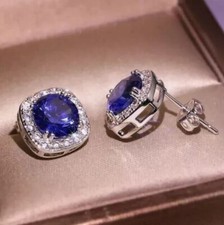 3Ct Round Cut Lab Created Blue Sapphire Halo Stud Earrings 14K White Gold Finish