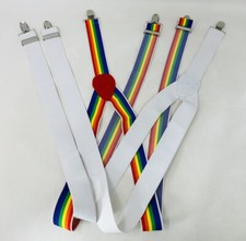 2 Suspenders Rainbow  White Stretchy Adjustable Clip Mork And Mindy Style Pride