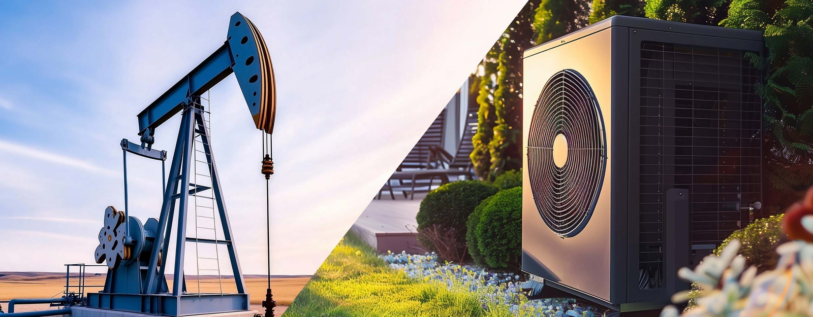 Links ist eine Ölpumpe in einer Wüstenlandschaft und rechts eine moderne Wärmepumpe in einem grünen Garten vor einem Wohnhaus