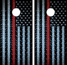 Firefighter Thin Red Line Diamond Plate American Flag Cornhole Board Wraps Decal